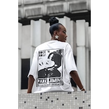 Sevbano Rock In Roll Park Jimin Sırt Baskılı Unisex Oversize Şarkıcı Tişö Beyaz
