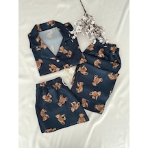 Mh Moony Homewears 3'lü Saten Lacivert Teddy Ayıcık Pijama Takımı Lacivert