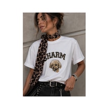 Bisou Kadın Fular Detaylı Baskılı Beyaz Bluz - Baskılı Tişört Leopar Desenli Charm Tasarım Beyaz