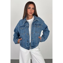 Kadın Açık Mavi Yıkamalı Oversize Beli Lastikli Düğmeli Kot Ceket 2 Beden Küçük Alın Lara-5011