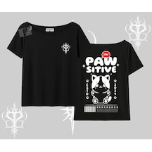Tarzsokak Paw Sitive Kedi Arka Baskılı Kayık Yaka Tshirt Siyah
