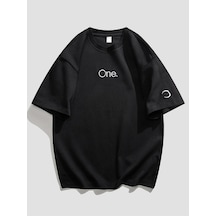 Unisex Siyah Oversize One Yazılı Baskılı Örme T-shirt Siyah-56906