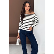 Noa & Noa Kadın Omuz Açık Çizgili Bluz Paris Touch Beyaz