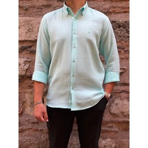 Slim Fit Uzun Kol Müslin Pamuk Rahat Nefes Alabilen Kumaştan Yaka Düğmeli Hediye Kutulu Erkek Gömlek Fs-004202 - Mint-3366