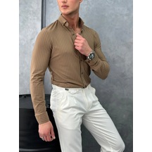 Modefendi Dikey Çizgili Full Likra Gömlek Açık Kahverengi Modefendi Dikey Çizgili Full Likra Gömlek Açık Kahverengi