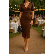 Kadın V Yaka Önü Düğmeli Sırt Pencere Dekolte Elbise Kahverengi