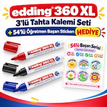 Edding 360 Xl 3'lü Tahta Kalemi Seti Siyah Mavi Kırmızı + 54'lü Başarı Stickerı Hediye Çok Renkli3