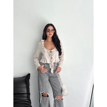 Defymoda Keten Uzun Kol Bağacık Detaylı Bluz - Bej Bej
