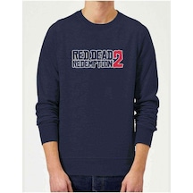 Red Dead Beyaz Logo Baskılı Indigo Erkek Örme Sweatshirt