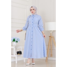 Sevitli Çizgili Cepli Tesettür Elbise-mavi-5137 Mavi