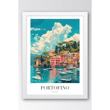 Portofino Italy Vintage Seyahat Posteri Çerçeveli Tablo - Premium Akdeniz Sahil Elit Duvar Dekoru Beyaz