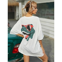 Startmore Kadın Sırt Baskılı Dinazor Oversize T-shirt Beyaz