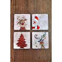 Yeni Yıl - Yılbaşı Doğal Taş Bardak Altlığı Uv Baskılı 4'lü Set - Stone Coasters Çok Renkli