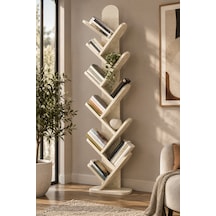 Sulorahome 10 Raflı Ekru Kitaplık 147 Cm Traverten Desenli Dikey Kütüphane