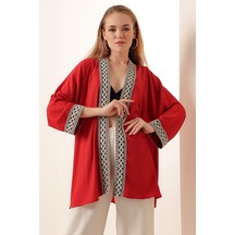 Bigdart 05866 Nakışlı Örme Kimono - Kırmızı 001