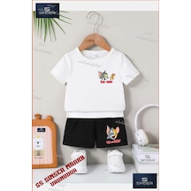 Ss Sinser Çocuk Unısex Tom Ve Jerry Yazı Ustunde Sol Ust Özel Baskılı Bisiklet Yaka Tişört - Şort Alt - Üst Çocuk Takım Renk:beyaz/sıyah