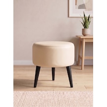Modern Krem Deri Puf Tabure Ahşap Siyah Ayaklı Yuvarlak Puf 40x42 Cm