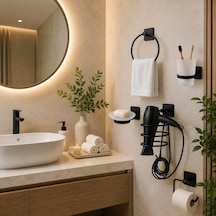 Yapışkanlı Banyo Aksesuar Seti,fön Makinesi Tutacağı,tuvalet Kağıdı Askısı,sabunluk,diş Fırçalık,yuvarlak Havlu Askısı Set1