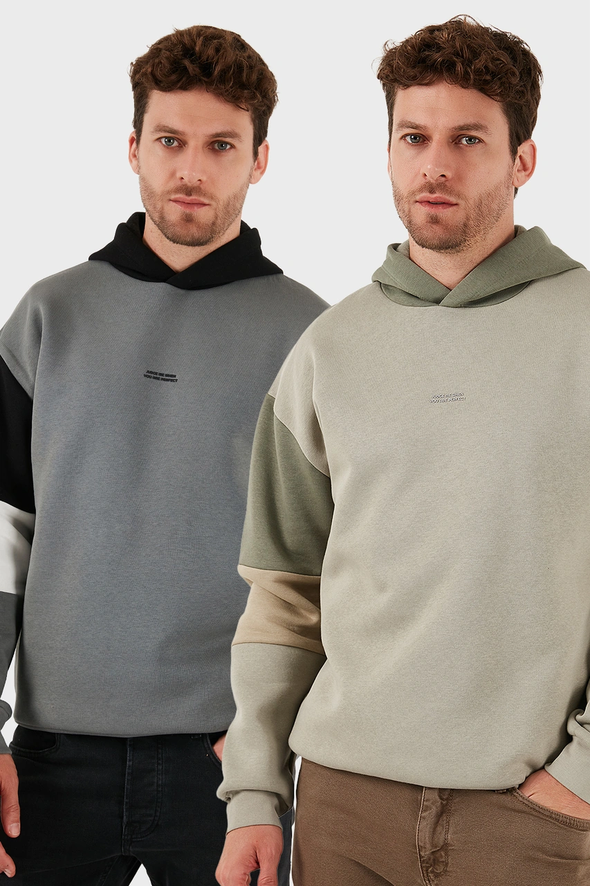 Buratti Pamuklu Relaxed Fit Kapüşonlu Içi Tüylü Yumuşak Şardonlu 2' Li Paket Erkek Sweat 5905299S2 Taş-Açık Haki