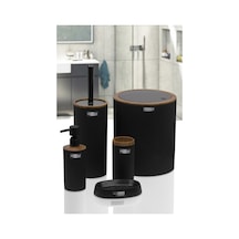 Siyah Ahşap Desenli Çizgili Yuvarlak 5'li Banyo Seti - Sabunluk, Sıvı Sabunluk, Çöp Kovası, Tuvalet Fırçası Ve Diş Fırçalık Siyah