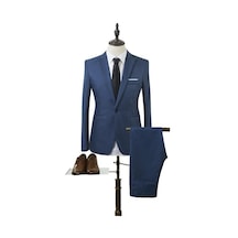 Ikkb İlkbahar ve Sonbahar Erkek Moda Düz Renk İş Rahat Takım Elbise 2 Parçalı Set Mavi
