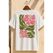 Spoyi Pembe Botanik Tasarımlı %100 Pamuk Yarım Oversize Beyaz T-shirt