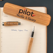 Pilotlara Özel Bambu Kutulu Kalem Seti Kahverengi