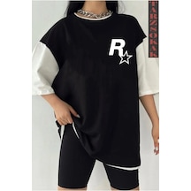 Startmore Siyah Oversize Çift Renk Rocksstar Baskılı Unisex Tshirt Beyaz
