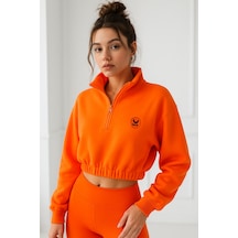 Kadın Oranj Yarım Fermuarlı Beli Lastikli Crop Sweatshirt Turuncu