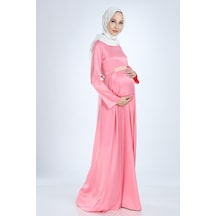 Moda Labio Modalabio Saten Tesettür Incili Pembe Hamile Elbise