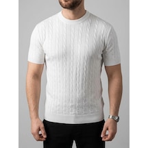 Vexor Erkek Yazlık Triko Dokuma Tişört Kısa Kol Bisiklet Yaka Örgü Desenli T-shirt - Beyaz Çok Renkli