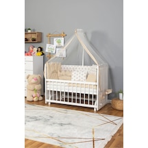 Ahşap Beşik Anne Yanı Beşik Beyaz 60x120 Krem Prenses Kız Uyku Seti Yatak Beyaz