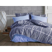 Lüks%80 Pamuklu Çift Kişilik Nevresim Takımı Seti Yorgan Kılıfı Mavi Lacivert Kare Beyaz Çizgi Desen 200x220 Cm Diğer