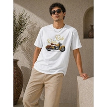 Barlashive Erkek Motosiklet Baskılı Tişört Bisiklet Yaka Kısa Kol Yazlık T-shirt - Beyaz Çok Renkli