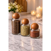 3 Lü Ahşap Top Kapaklı Lüx Cam Kavanoz Seti Akasya Kapak Saklama Kabı Çay Şeker Kahve Kavanoz Set Bej Bej