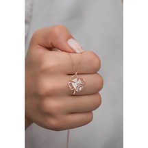 925 Ayar Gümüş Baget Taşlı 4 Kalpli Yonca Kolye Rose Gold