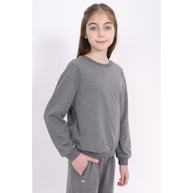 Toontoy Kız Çocuk Relax Fit Bisiklet Yaka Baskılı Sweatshirt - 2 İplik Antrasit