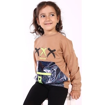 Toontoy Kız Çocuk Cep Detaylı Baskılı Sweatshirt Kahverengi