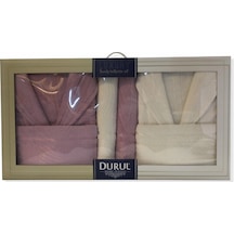 Durul Kadife Jakarlı Aile Bornoz Seti / Gül Kurusu - Krem