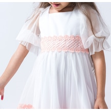 Papatya Dantelli Tül Abiye Elbıse Pudra