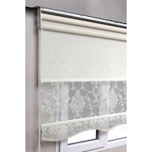 Çiftli Sistem Kırık Beyaz Damask Desenli Tül + Stor Güneşlik Perdeler