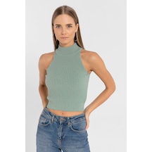 Miss Poem Kadın Kolsuz Slim Fit Boğazlı Fitilli Kısa Antrasit Triko Crop Yeşil