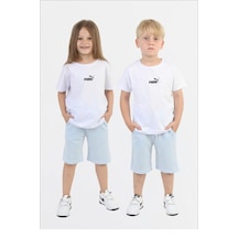 Unisex Çocuk Beyaz Logo Baskılı Tişört Ve Yeşil Çizgili Şort Yazlık İkili Takım Bebek Mavi