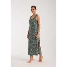 Akbeniz Kadın Kalın Askılı Yırtmaçlı Uzun Yeşil Gecelik Yeşil