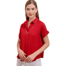 Kadın Kırmızı Kısa Kol Kolyeli Gömlek-15862-kırmızı