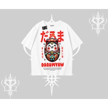 Tarzsokak Oversize Tshirt Daruma Kedi Anime Baskılı Beyaz