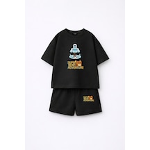 Fasardi Super Bear Adventure Süper Ayı Baskılı Oversize %100 Pamuk Kısa Kollu Unisex Çocuk T-shirt Siyah