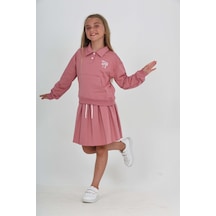 Toontoy Kids Toontoy Kız Çocuk 2'li Takım Baskılı Polo Yaka Çıtçıtlı Düşük Omuz Cepli Sweatshirt & Bağcıklı Pileli Etek Gül Kurusu