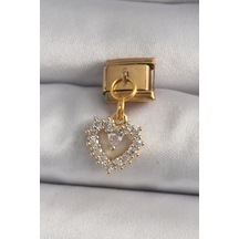 316l Çelik Gold Renk Sallantı Zirkon Taşlı Kalp Model Nomination Charm Çok Renkli