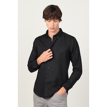Tudors Slim Fit Uzun Kol Yaka Düğmeli Yaka İçi Biyeli Erkek Gömlek-26217 Siyah